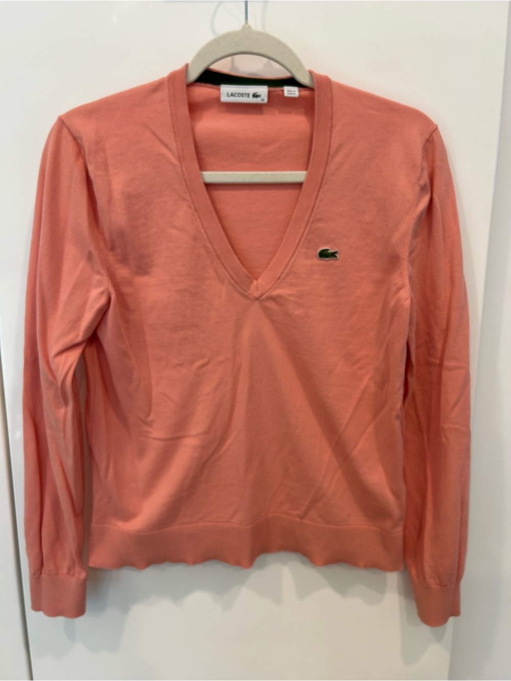 Lacoste Women's Coral Pink V-Neck Cotton Sweater